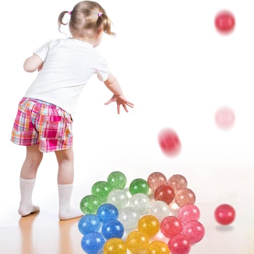 24 Pcs Glitter Bouncy Balls for Kids - 32mm Rubber Party Favors & Classroom Rewards