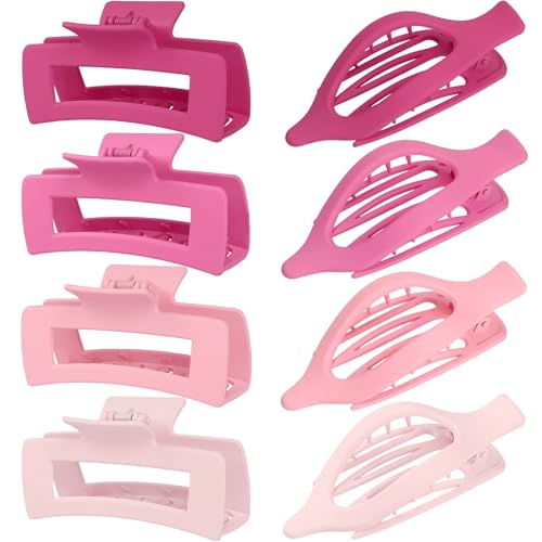 CHANDAT Pink Hair Claw Clips 8 Pcs Large Square & Flat Hair Clips for Thick and Thin Hair