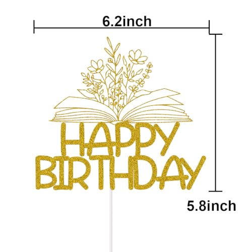 Gold Glitter Reading Happy Birthday Cake Topper for Book Lovers