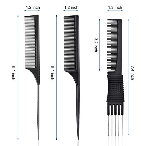 Leinuosen 3 Pack Black Teasing Combs with Metal Prong & Rat Tail
