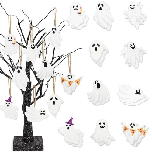 ZRETHFB 20Pcs Wooden Halloween Ghost Hanging Ornaments with Hemp Rope