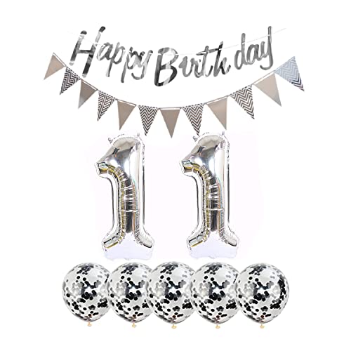 11th Birthday Decoration Kit - Silver Foil Balloons & Banner