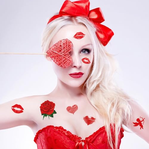 84 Pcs Kiss Temporary Tattoos Red Lips Heart Rose Body Art Decals