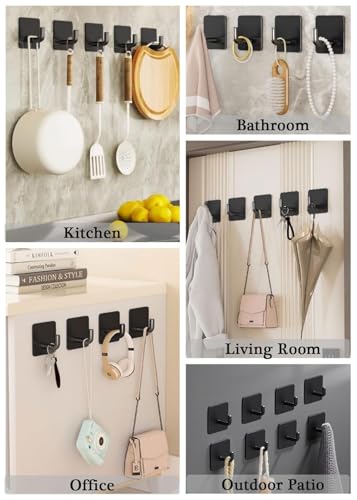 EDMILE 8 Pack Matte Black Adhesive Hooks, 90° Stainless Steel Wall Hooks