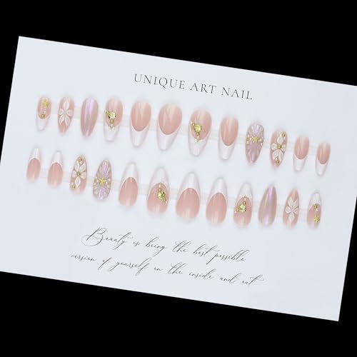 Medium Almond Press on Nails White French 3D Gold Stars Fake Nails 24pcs