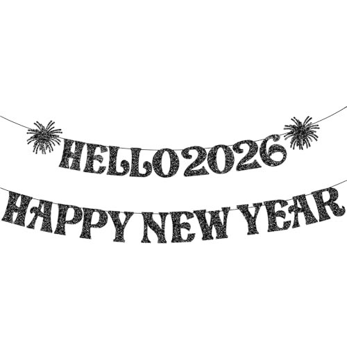 2026 Happy New Year Banner - Black Glitter Party Decoration