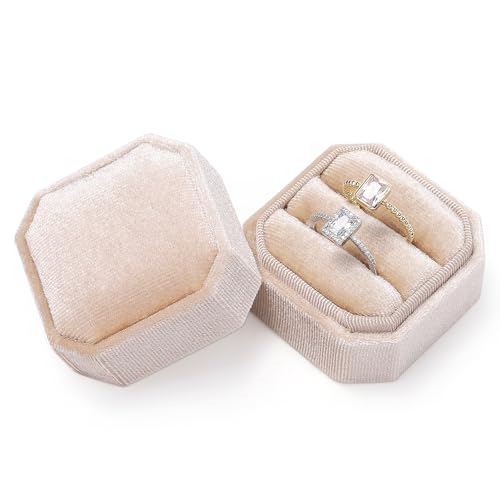 Champagne Velvet Ring Box - Octagon Jewelry Holder for Weddings