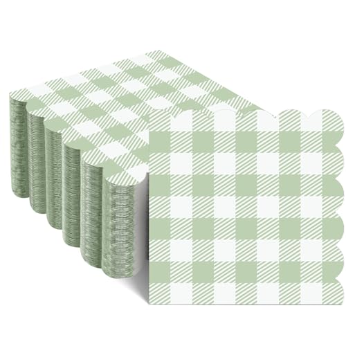 120 Pcs Sage Green Gingham Cocktail Napkins - Scalloped Design