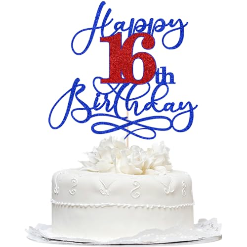16th Birthday Cake Topper - Deep Blue & Red Glitter Design