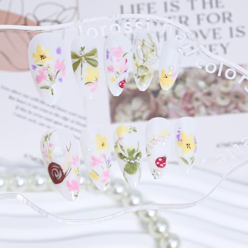 Press On Nails Medium Almond Floral False Nails with 3D Pearls