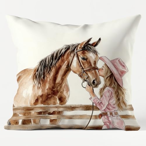 Western Cowgirl Horse Pillow Cover 18x18 - Horses Girls Edition, Rustic Country Farmhouse Decor