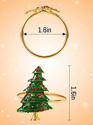Classic 6 pcs Christmas Tree Napkin Rings Set - Gold & Red Berries, Holiday Table Decor