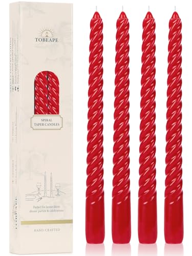 10 Inch Red Spiral Taper Candles - 4 Pack, Dripless & Unscented