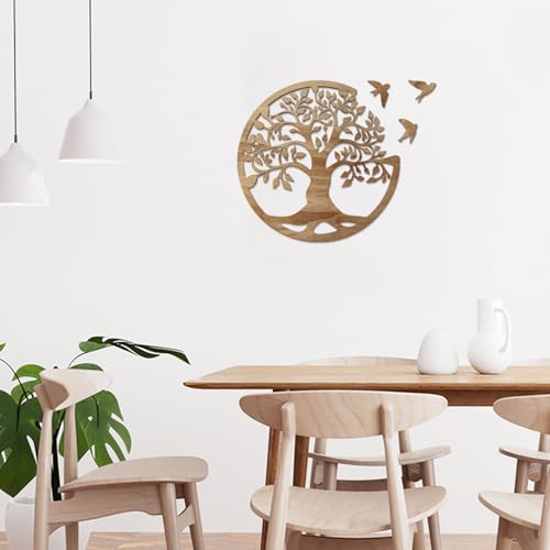 12-Inch Wooden Tree of Life Wall Art - Round Boho Home Decor with 3 Birds