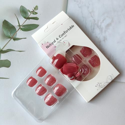 Wine Red Press on Toenails Glossy Square Fake Toe Nails with Rhinestones