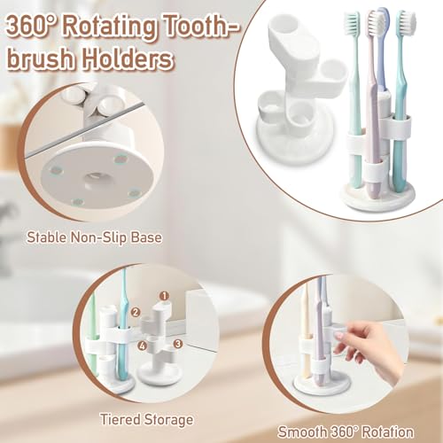 OIZOIZ 360° Rotating Toothbrush Holder - 4-Slot Organizer, Beige (2 Pack)
