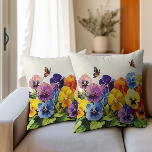 Spring Decorative Pillow Covers, 18x18 Inch Set of 2 - Pansy & Butterfly