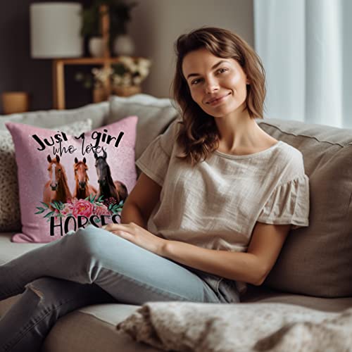 PreLiving Just A Girl Who Loves Horses Pink Pillow Cover 18x18 Inches – Farmhouse Animal Decor for Girls & Women