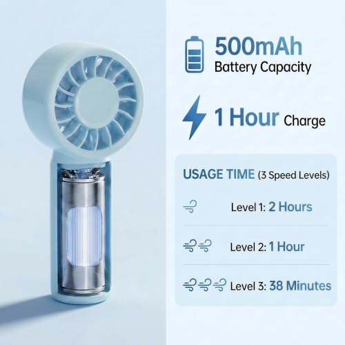 Jerjerboo Portable Mini Fan - 3-Speed Handheld Cooling Fan with Lanyard, Blue
