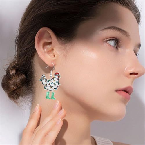 Christmas Earrings for Women - Green Christmas Chicken - Festive Santa Tree Cat Dinosaur Acrylic Holiday Jewelry