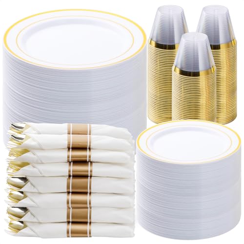 Gold Plastic Dinnerware Set for 75 Guests - 525 Pieces, Disposable & Elegant