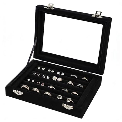 EONGOA 7-Slot Velvet Jewelry Organizer Box with Transparent Lid - Black