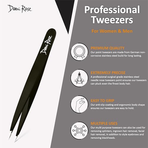 DEMI ROSE Pointed Precision Tweezers - Stainless Steel Fine Point Needle Nose Tweezers for Ingrown Hair, Splinters, and Eyebrows (Black)