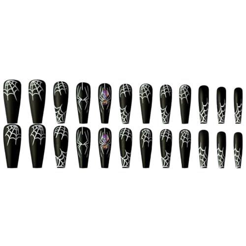 Villorem Halloween Long Coffin False Nails White Spider Web Press Ons