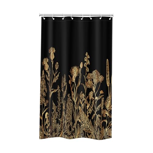 Riyidecor Floral Shower Curtain - Narrow 48"W x 72"L Black & Gold Botanical