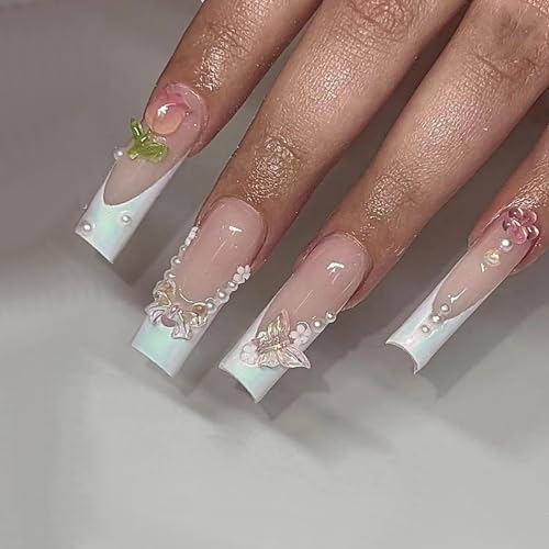 Long Square Press on Nails White French Fake Nails with Butterfly Pearl