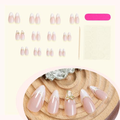 French Press on Nails Almond White Tips with 3D Gold Bow 24Pcs