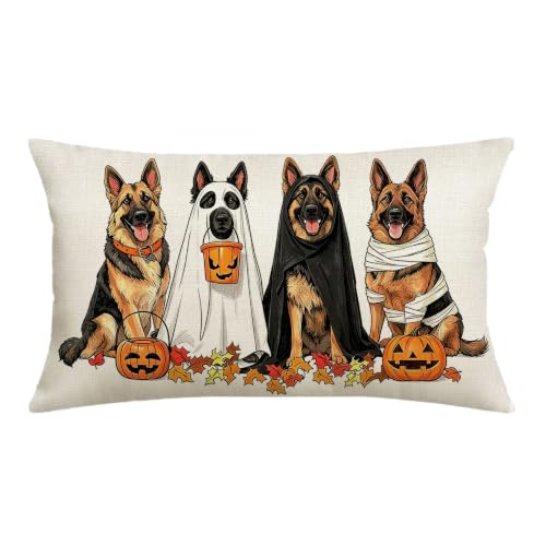 Halloween Pillow Cover 12x20 Inch - German Shepherd Design - Black, White, Yellow