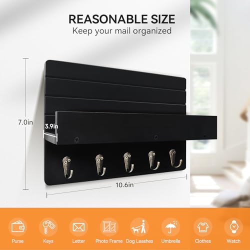 Black Wooden Key Holder Wall Mount with Shelf & 5 Hooks - KISENG