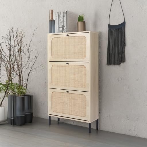 ZeHuoGe Natural Rattan Shoe Storage Rack - Modern 3-Tier Cabinet with 3 Flip Drawers for Entryway