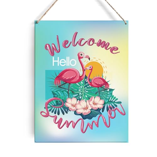 Flamingo Welcome Summer Door Hanger - 8" x 10" Wooden Sign