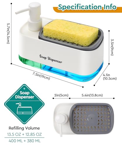 3-in-1 Kitchen Soap Dispenser Set with Sponge Holder - White