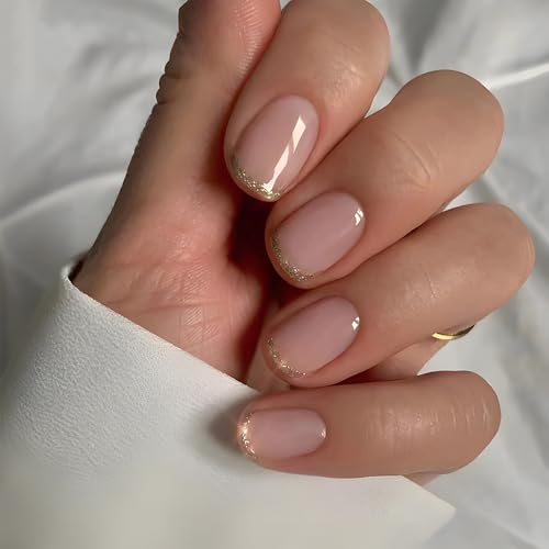 Short Square Press on Nails Gold French Tip Fake Acrylic Nails 24Pcs