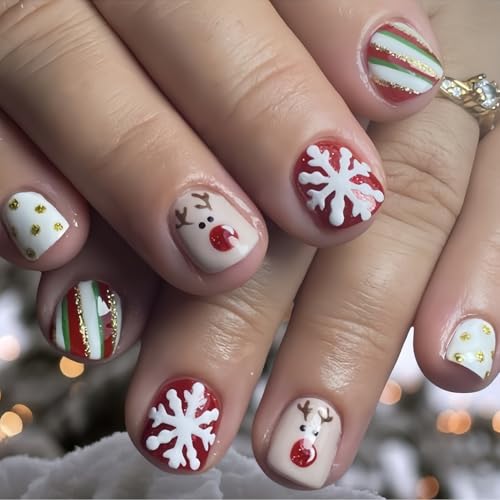 Christmas Press on Nails Short Square Snowflake Reindeer False Nails