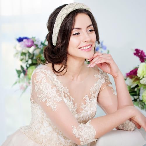 Green Pearl and Rhinestone Padded Headband for Women Bridal Hair