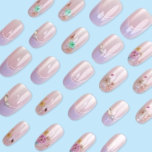 Light Purple Short Oval Press on Nails French Tip with Glitter Diamonds
