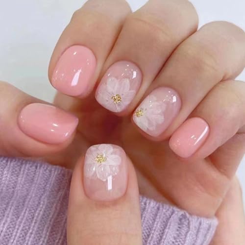 Short Square Glossy Pink Press On Nails with Camellia Design 32pcs