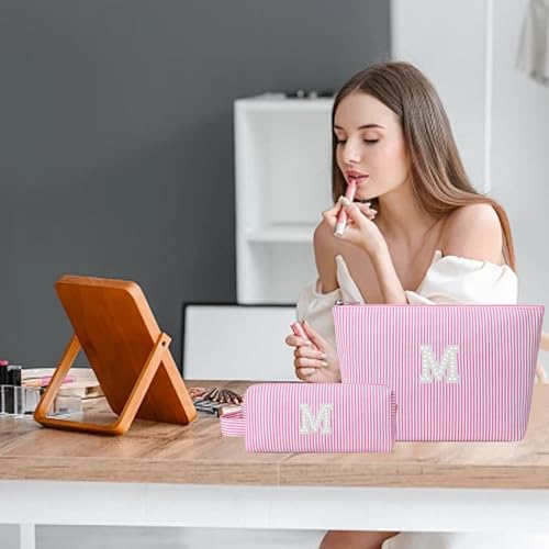 Initial Makeup Bag Personalized Striped Cosmetic Toiletry Pouch Pink M