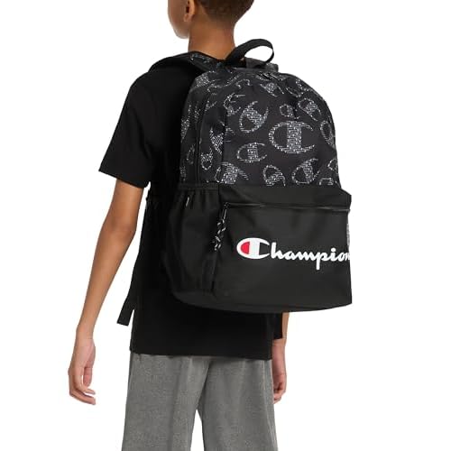 Champion Merit Backpack with Padded Straps, Water Bottle Pocket and Laptop Compartment for Daily Use, Black/White, One Size
