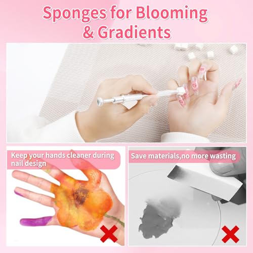 BQAN Nail Art Sponges 100Pcs with Grabbing Pen for Ombre & Aura Nails