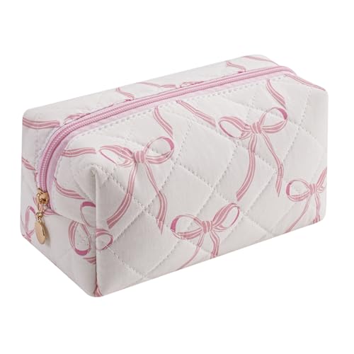 Quilted Cotton Makeup Bag Travel Cosmetic Pouch with Bow Pattern