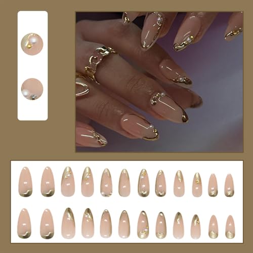 Gold French Tip Press on Nails Medium Almond Fake Nails with Pearls