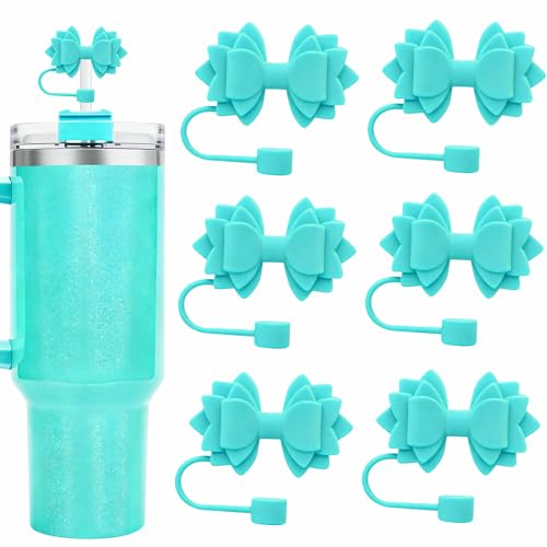 6PCS Cyan Bow Straw Toppers for 30/40oz Stanley Cup Tumblers - Food-Grade Silicone