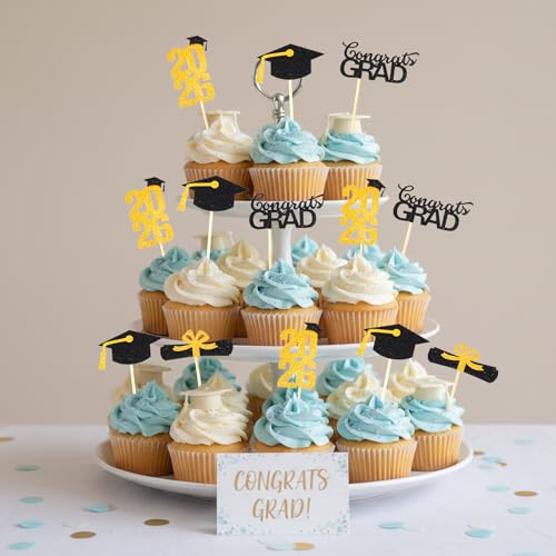 Graduation Cupcake Toppers 2026 - 24 PCS Gold Congrats Grad Picks
