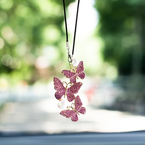 Sparkling Butterfly Car Rearview Mirror Pendant - Purple Rhinestone Charm