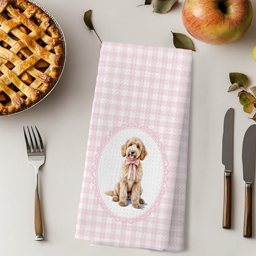 LUKIPOM Pink Doodle Coquette Bow Goldendoodle Dog Kitchen Hand Towels - 16x24 Inches